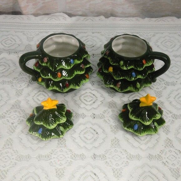 Mr Christmas Lidded Tree Mugs 16 oz Hand Painted Ceramic - Picture 3 of 5